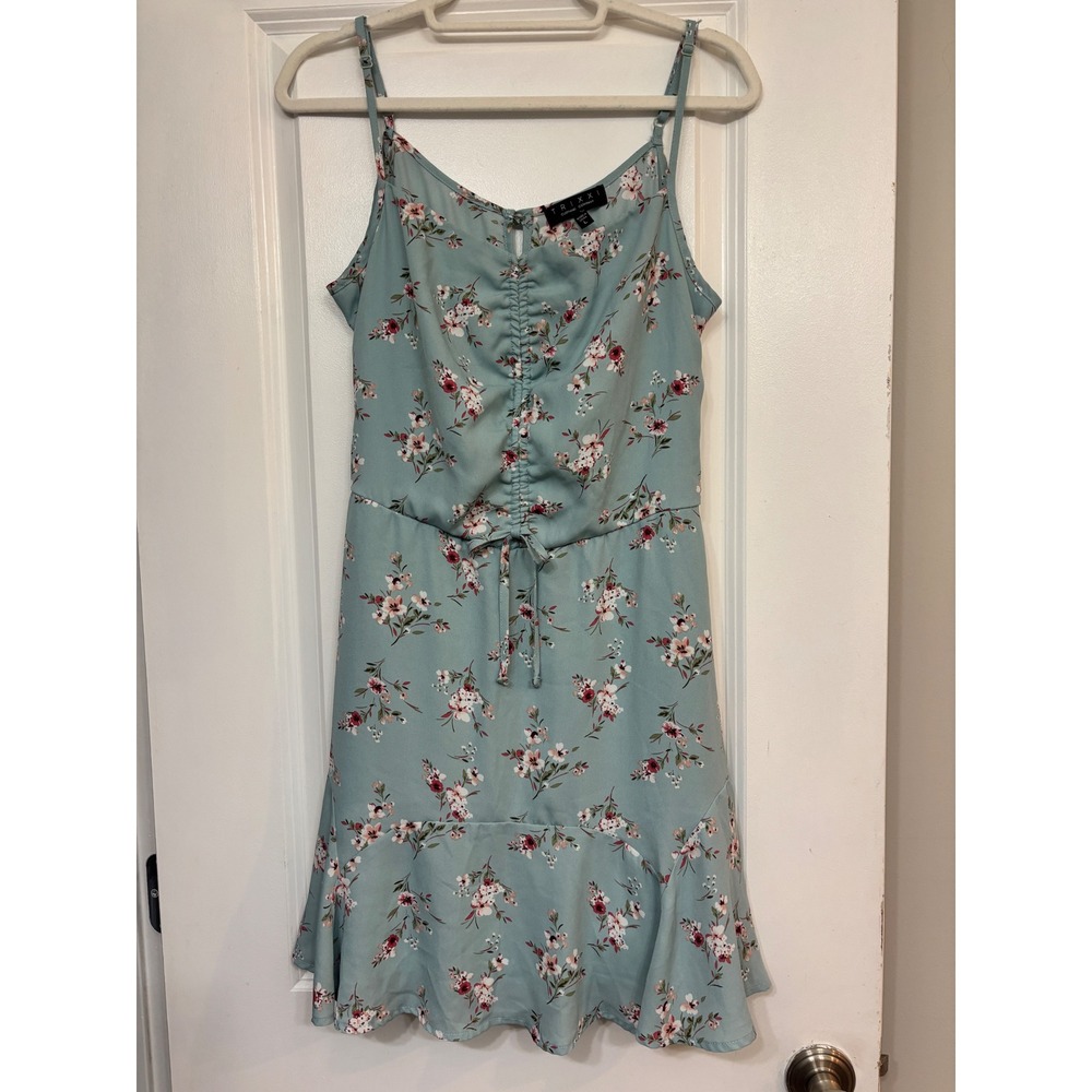 Trixxi Floral Ruched Mini Dress Sage Green Pink Sleeveless Ruffle Hem Large